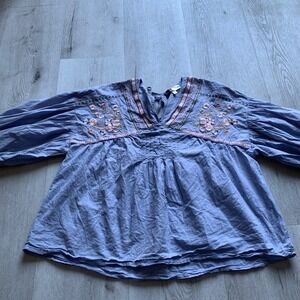 Exclusive Piper & Scoot Blue Embroidered V-Neck Peasant Blouse Top